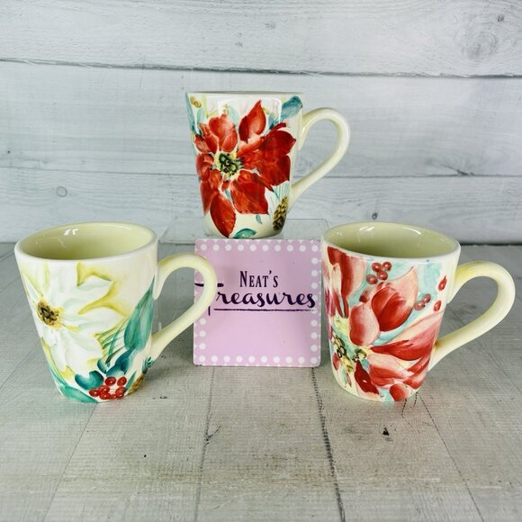 Pfaltzgraff HOLIDAY MARKET Poinsettias Flower Red White Ceramic 12oz Mugs Set 3 - Picture 1 of 16